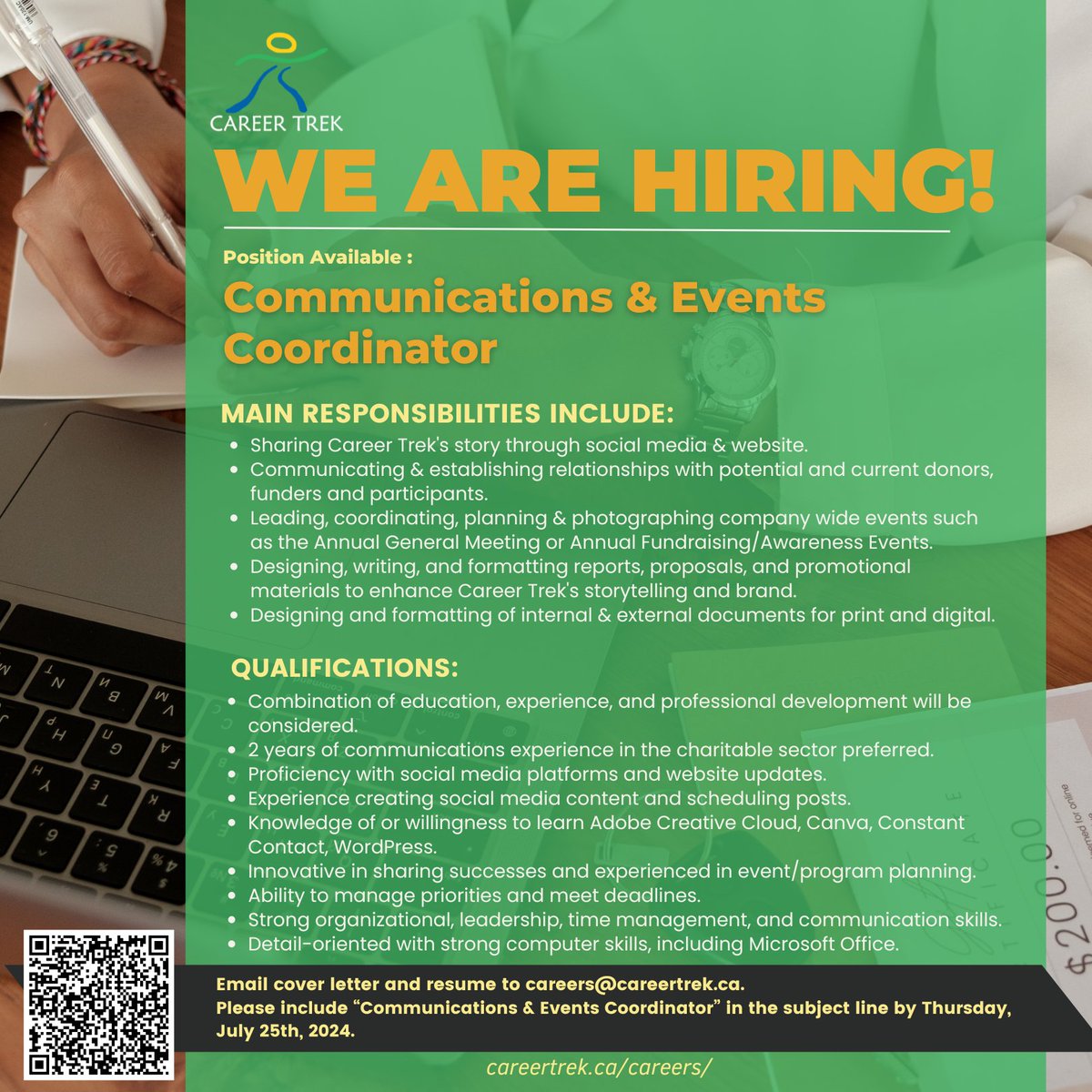 We Are Hiring!

Career Trek seeks a creative Communications &amp; Events Coordinator to manage social media, build donor relationships, and plan events. Send your resume and cover letter to careers@careertrek.ca with ‘Communications &amp; Events Coordinator’ in the subject line.