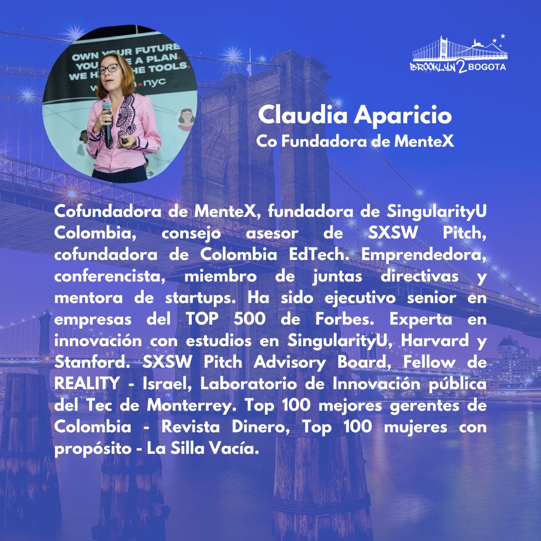 Gracias a cada speaker de nuestro evento. 

Claudia Aparicio, gracias por compartirnos lo que está sucediendo en el ecosistema Deep Tech de Colombia y la importancia de Deep Tech para la economía.

brooklyn2bogota.com