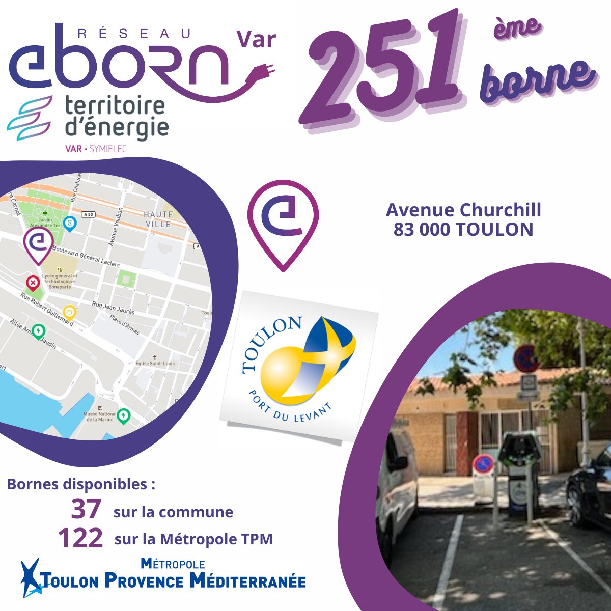 [Actu #eborn]

Nouvelles bornes mises en service :
📍 Parking Sud Tour Fondue à Hyères
📍 Avenue Churchill à Toulon

Bornes de recharge publiques :
1⃣2⃣2⃣ sur le territoire de la <a href="/metropoleTPM/">Toulon Provence Mediterranée</a> 
2⃣5⃣1⃣ sur le territoire #ebornVar

#eborn c'est 1⃣3⃣0⃣0⃣ bornes sur 1⃣1⃣ départements