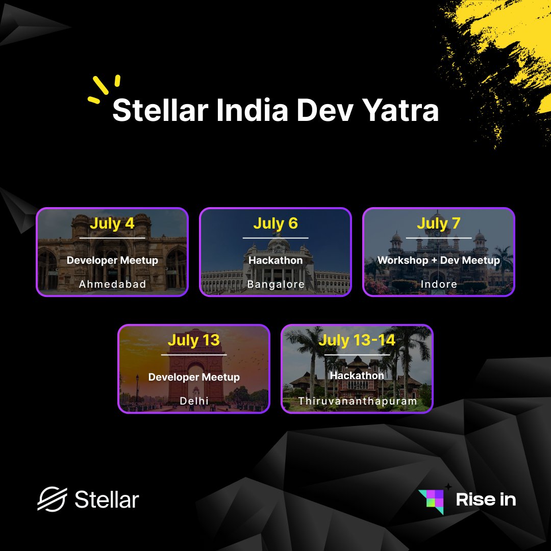 Attention devs in India! We're heading your way! 🇮🇳

Join us this July for the Stellar India Dev Yatra hosted by <a href="/riseinweb3/">✨ Rise In</a> and <a href="/stellarorg/">Stellar</a>.

Expand your knowledge with meetups and hackathons featuring <a href="/anuxhya/">Anuhya</a> from Stellar's Ecosystem Growth and <a href="/ankraj2/">Ankit Raj</a> from our team!

📍