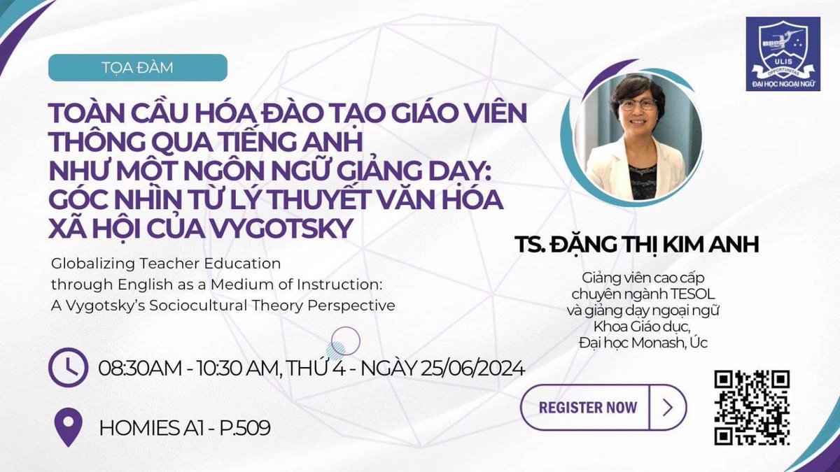Looking forward to giving a seminar on #Vygotsky sociocultural theory #globalisation in #teachereducation and #EMI at ULIS, Vietnam National University, Hanoi, and seeing my former colleagues there!😀