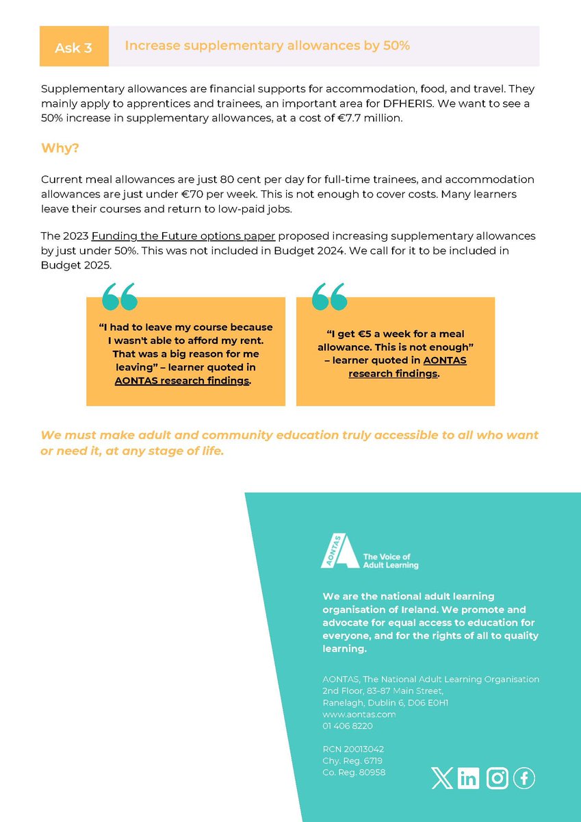 📢 With 1 in 3 learners citing a lack of financial support as a key barrier to education, we are calling for greater investment in adult learning in our Pre-Budget Submission 2025. Read about our asks here ➡️ aontas.com/knowledge/blog…

#Budget2025 #AdultEducation