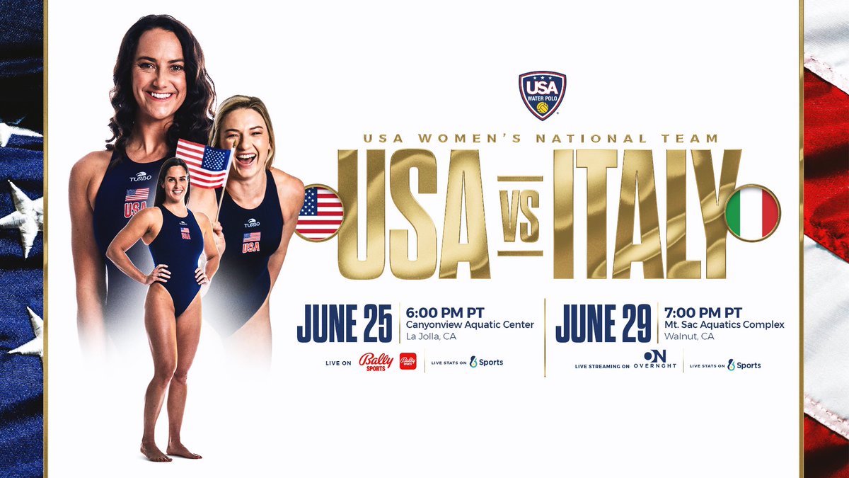 It’s a big week of water polo for <a href="/TeamUSA/">Team USA</a>! We get started tomorrow when the USA Women open up a two game series with Italy. 🇺🇸🇮🇹

Get your tickets now at usawaterpolo.ticketspice.com/june-july-2024…

Tomorrow night in San Diego we go LIVE on @BallySports around the country, on the Bally Sports app