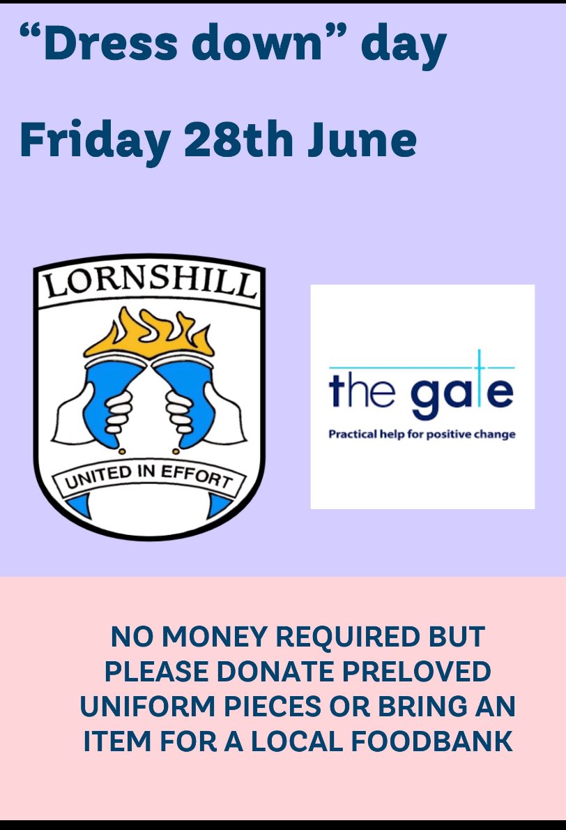 Lornshill's tweet image. We are delighted to live our value of compassion by encouraging our students to help others. Last day of term = dress down and do a good deed #unitedineffort