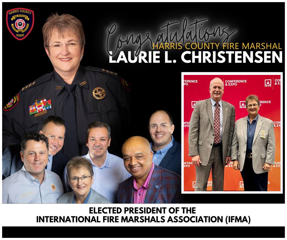 HarrisCountyOCA's tweet photo. Congratulations to @hcfmo Laurie L. Christensen (@Chiefllc), who was elected President of the International Fire Marshals Association (IFMA), a member section of the National Fire Protection Association (@NFPA). Thank you for your hard work and leadership in our community! #HCFMO https://t.co/doDQxiO4Jv