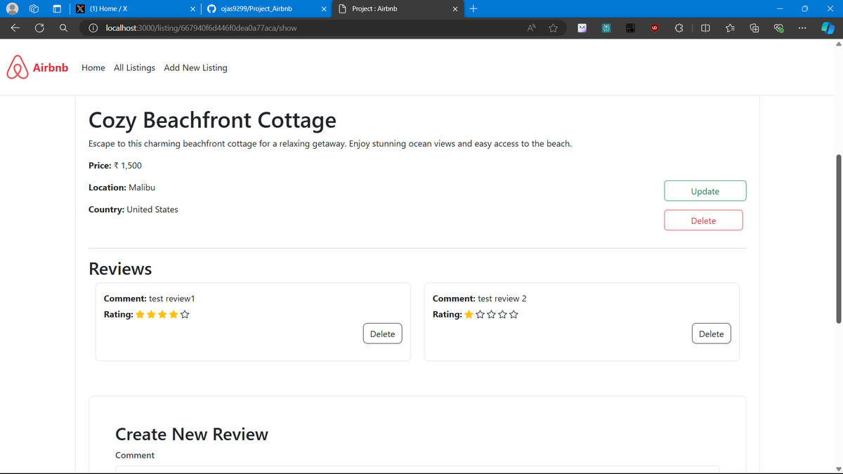 Ojasbhaleraoo's tweet photo. Day 57 of #100daysofcoding ✅
->  added review schema in relationship with listings.
-> so basically now you can provide review for listings.
-> GitHub : ojas9299 (Ojas Bhalerao) (https://t.co/4cWSYGU9ao)
 #web_development #mongodb #learn_in_public https://t.co/pMG4WCWpVj