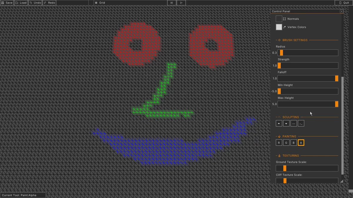sarpersoher's tweet image. Terrain vertex color painting, to be used as a mask for different textures. The UI, tools, vertex color view mode and updating the mesh and terrain buffer are done. Will be refined to use the brush settings for better blending and control over color intensity. 
#raylib #gamedev