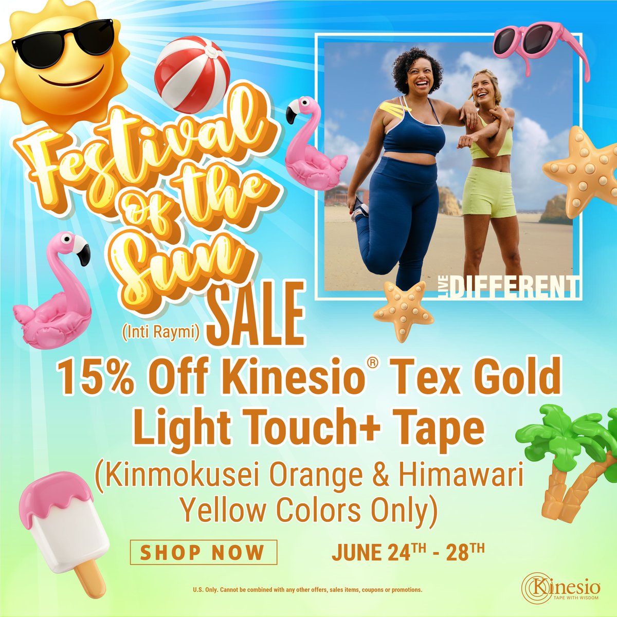 Festival of the Sun Sale! 15% Off Kinesio Light Touch Orange and Yellow Tape! KinesioTape.com #festivalofsun #TapeWithWisdom #Celebrate #LiveDifferent #KinesioTaping #deal #Kinesio