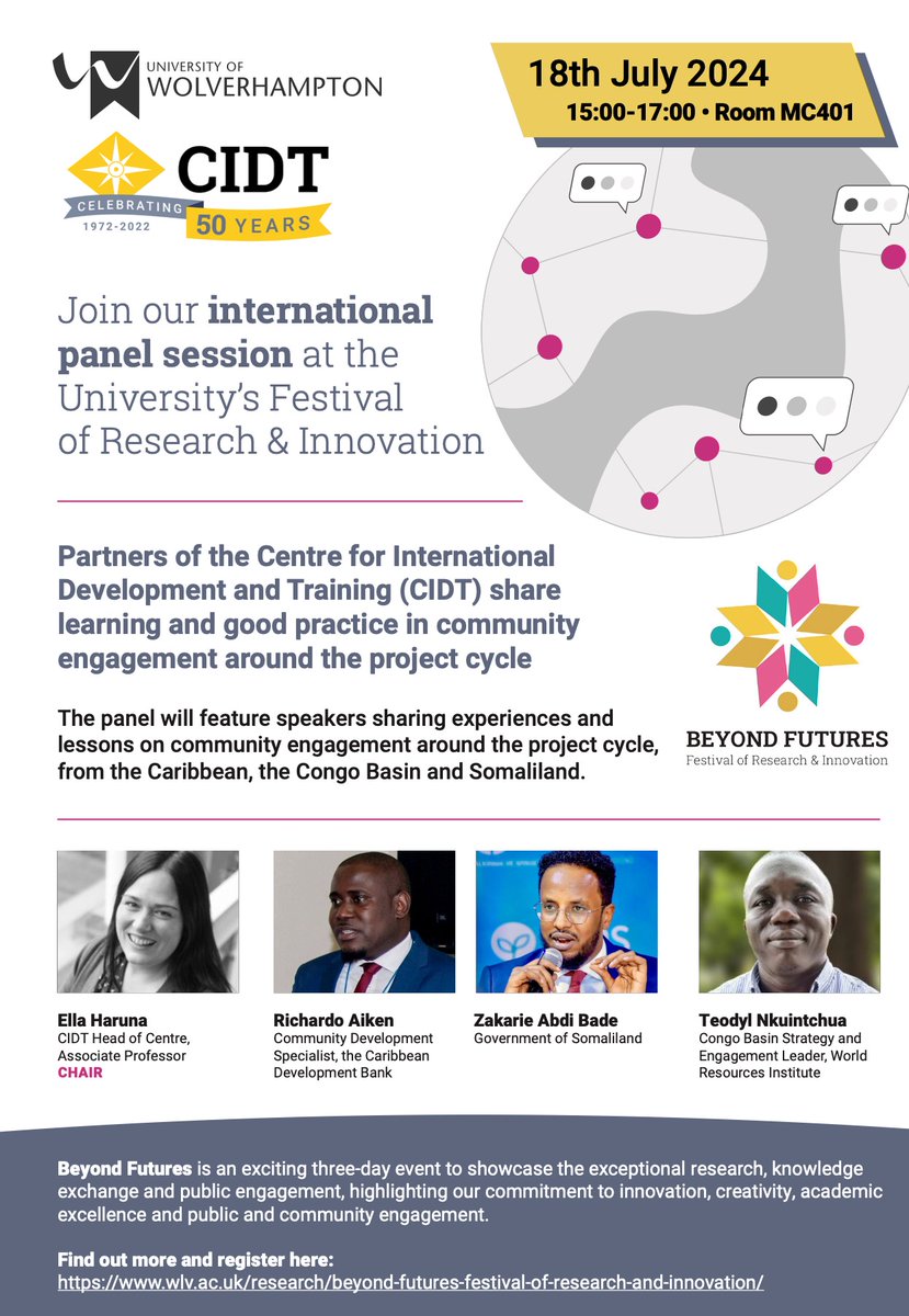 Join us on 18th July for a panel session to share good practice in community engagement, featuring CIDT partners from the Caribbean, the Congo Basin and Somaliland. View full details and register: cidt.org.uk/panel-session-…… #beyondfutures <a href="/wlv_uniNews/">WLV Uni News</a>