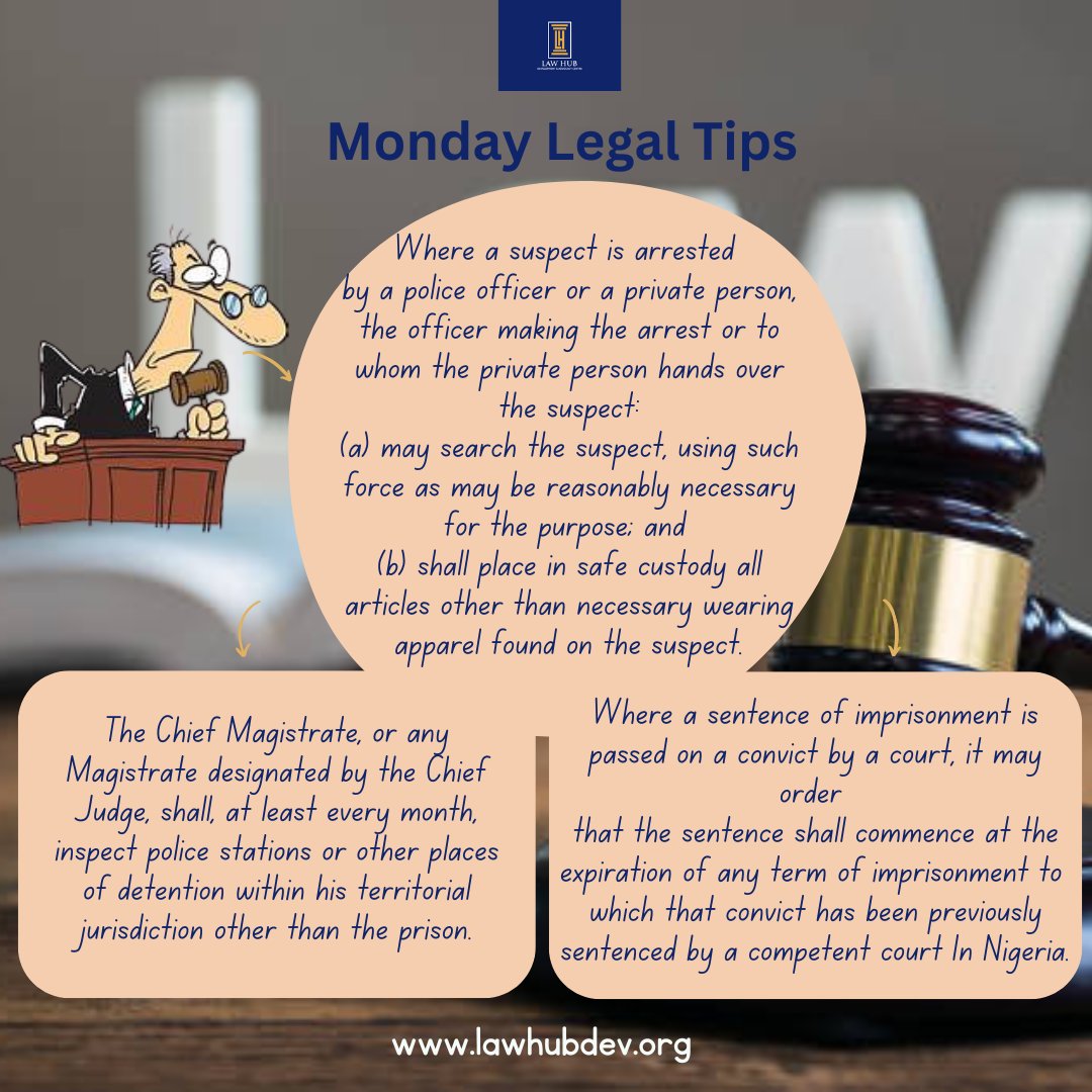 LawHub_DAC's tweet photo. #MondayLegalTips
Did you know the Administration of Criminal Justice Law (ACJL) requires monthly inspections of police stations & detention facilities? ๐ค
This ensures humane treatment & upholds the rule of law.
#ACJL #CriminalJustice #RuleOfLaw #Nigeria #LawHub #JusticeReform https://t.co/8IfJKcI4Y2