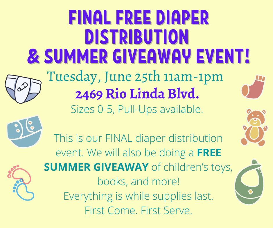 TOMORROW! Join the North #Sacramento Family Resource Center for their Final Diaper Distribution Event and FREE Summer #Giveaway! Open to all families in the #community. Don't miss out—first come, first served!