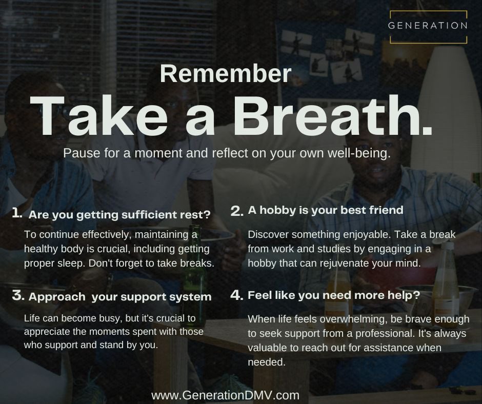 GenerationDmv's tweet image. Remember to pause, breathe, and take a moment for yourself. 🌿 #TakeABreath
•
•
•
•
•
•
•

 #HealingIsPower #BlackMenMatter
#HealingIsRevolutionary #BlackMenThrive
#BlackMentalHealth #SelfCare
#GenerationsDMV #mentalhealthawareness #mentalhealthmatters #menandmentalhealth
