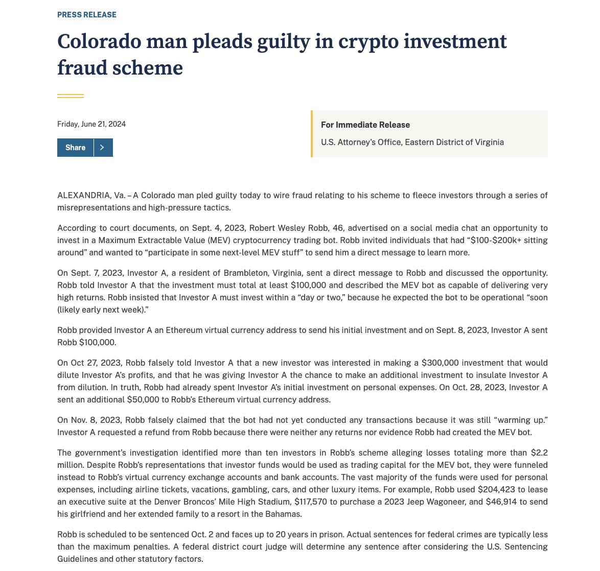 zachxbt's tweet photo. As an update I am pleased to share that Robert Robb aka @pokerbrat2019 just plead guilty on Friday for his MEV bot investment fraud scheme and now faces up to 20 years in prison. 

In December 2023 I made a post detailing 11+ investors who were victimized and revealed his criminal background. 

It was discovered he spent the investors funds on professional sports tickets, expensive cars, and lavish trips right after receiving funds in his Coinbase account.
