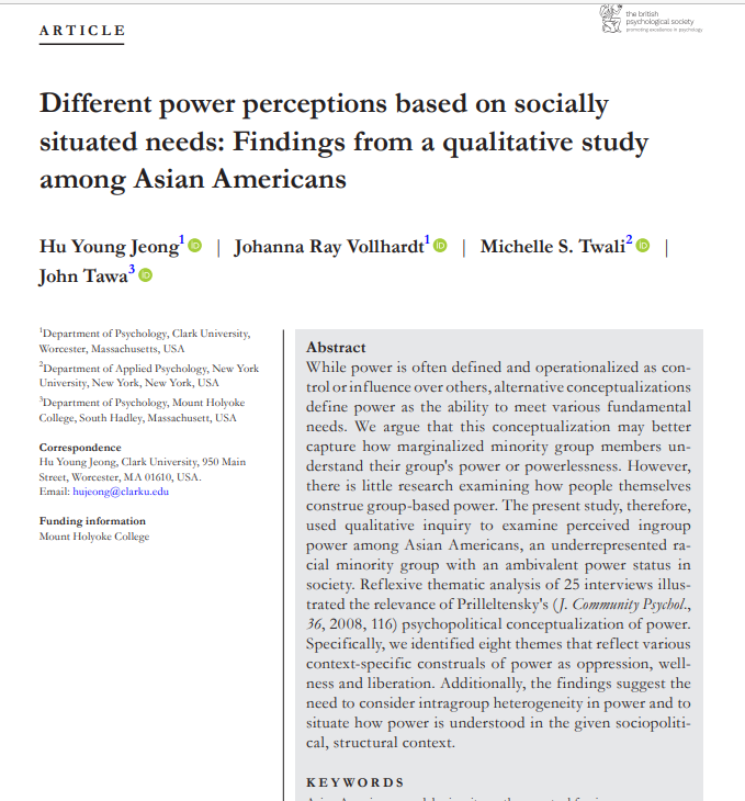 Johanna Ray Vollhardt (jrvollhardt.bsky.social) (@jorayvo) on Twitter photo New article on perceptions of group-based power, now published online first and open access, led by Hu Young Jeong @HuYoung_Jeong: "Different power perceptions based on socially situated needs: Findings from a qualitative study among Asian Americans" bpspsychub.onlinelibrary.wiley.com/doi/10.1111/bj… New article on perceptions of group-based power, now published online first and open access, led by Hu Young Jeong @HuYoung_Jeong: "Different power perceptions based on socially situated needs: Findings from a qualitative study among Asian Americans" bpspsychub.onlinelibrary.wiley.com/doi/10.1111/bj…