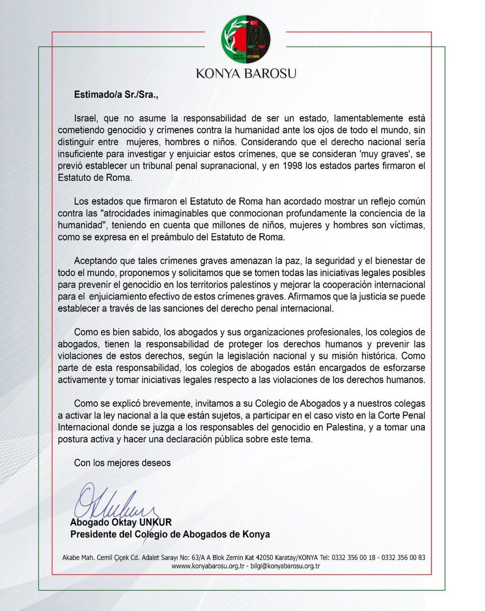 KonyaBaro's tweet photo. Filistin topraklarında işlenen insanlık suçları ve soykırımın bir an önce durdurulması, en büyük hukuk örgütlerinden olan Baroların tarihsel misyonları gereğince uluslararası düzeyde harekete geçmeleri, sonrasında ise bu suçların faillerinin yargılandığı...
#filistin
#özgürlük https://t.co/yS84gbCUoT