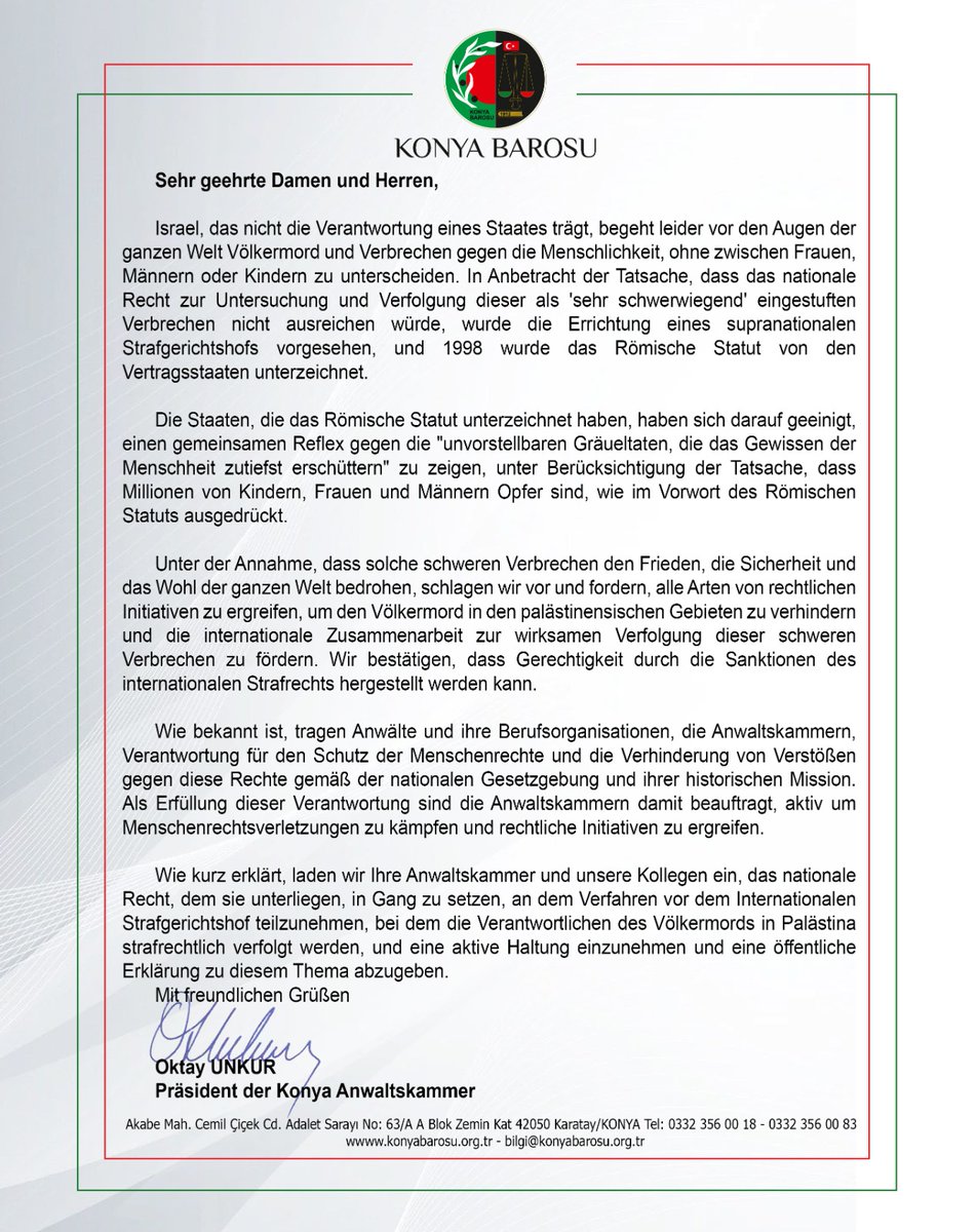 KonyaBaro's tweet photo. Filistin topraklarında işlenen insanlık suçları ve soykırımın bir an önce durdurulması, en büyük hukuk örgütlerinden olan Baroların tarihsel misyonları gereğince uluslararası düzeyde harekete geçmeleri, sonrasında ise bu suçların faillerinin yargılandığı...
#filistin
#özgürlük https://t.co/yS84gbCUoT