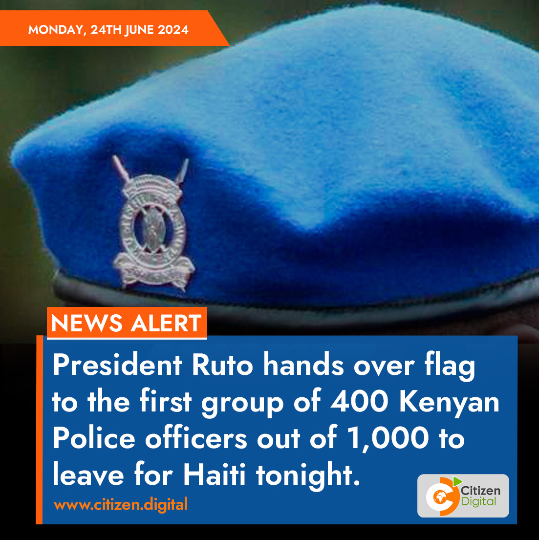 citizentvkenya's tweet photo. President Ruto hand over flag to the first group of 400 Kenyan Police officers out of 1,000 to leave for Haiti tonight. https://t.co/E3KkmjcByS