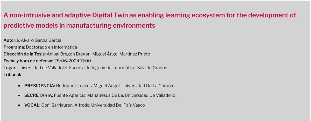 Este viernes <a href="/alvgarcdt/">Alvaro García</a> defenderá su tesis 🎓sobre gemelos digitales en entornos de fabricación #digitaltwins #industry40. Es la primera tesis realizada en nuestro equipo #datAi! <a href="/EsDUVa/">EsDUVa</a> 

📅 Fecha: 28/06/2024 
⏰ Hora: 11:00 
📍 Lugar: Salón de Grados, <a href="/EIInfUVa/">Ei Informática Vall</a>