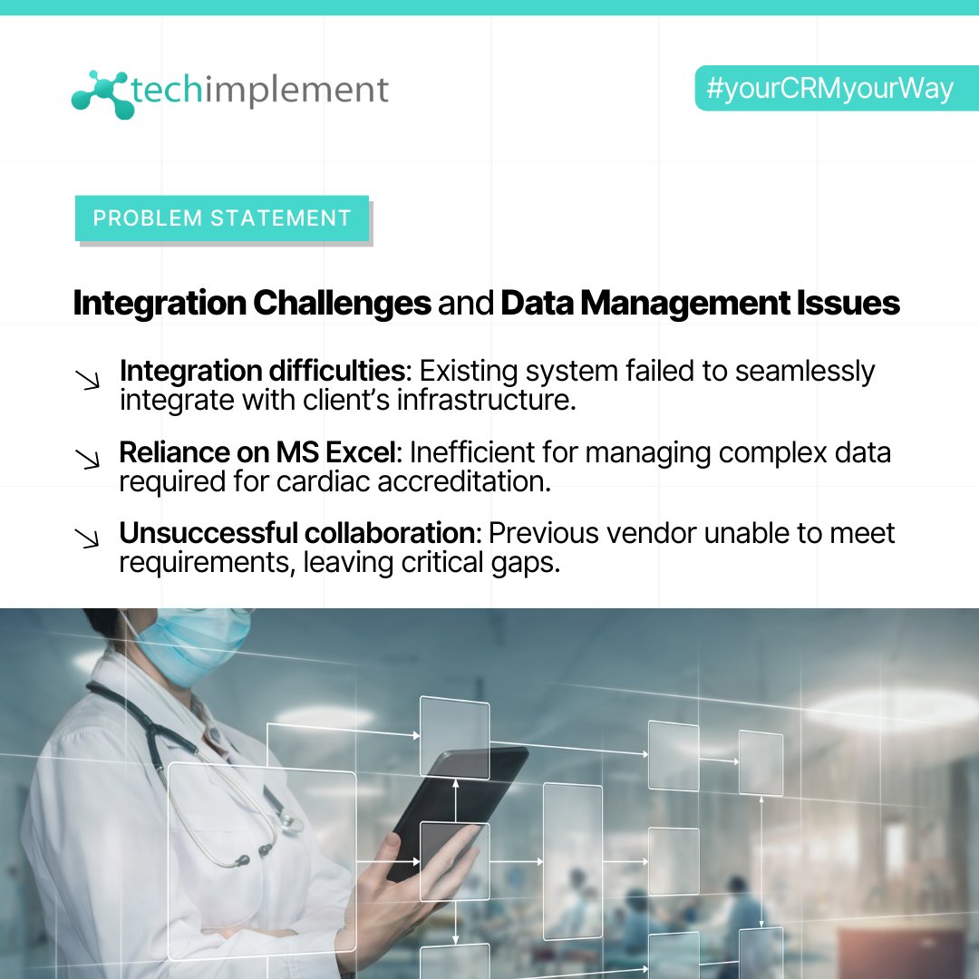 TechImplement's tweet image. Tech Implement has revolutionized cardiac accreditation management for a leading healthcare organization, overcoming significant integration challenges and data management issues.
Learn all about it in this case study: bit.ly/3KYrbrQ
#healthcare #CRM #ERP