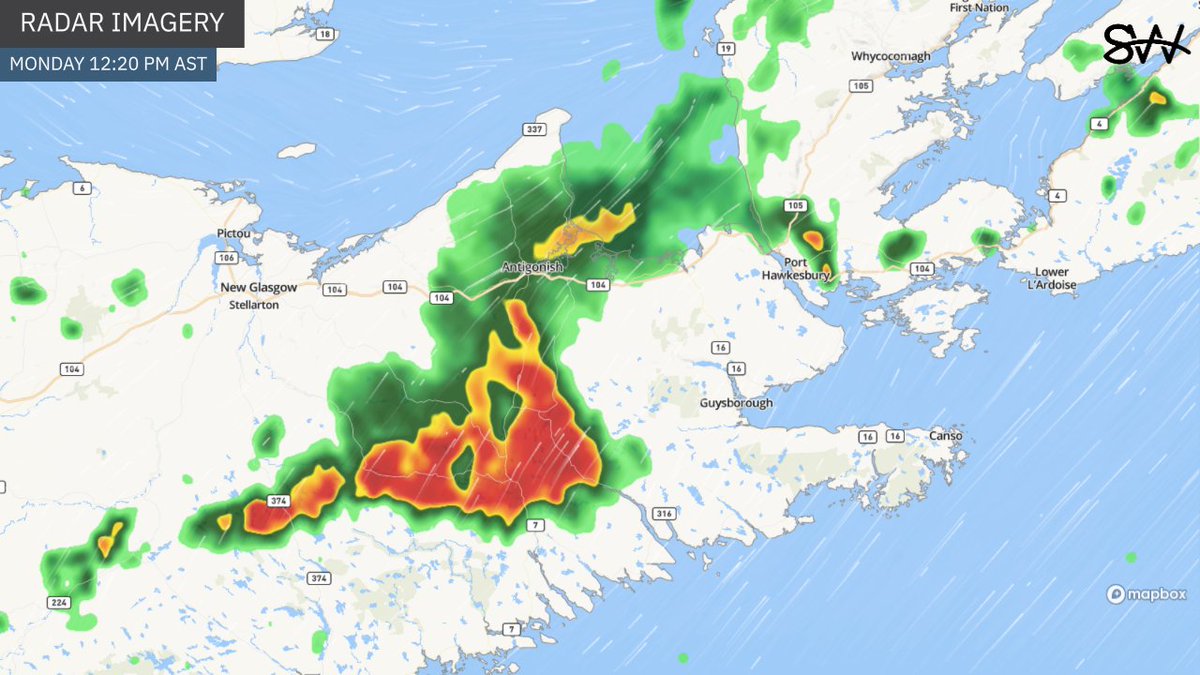 Heavy rain/thunderstorms moving through Guysborough/Antigonish counties. This activity is moving NE towards Richmond Co. and southern CBRM. A narrow line of showers with embedded downpours extends back into HRM and the South Shore. <a href="/chronicleherald/">The Chronicle Herald</a> <a href="/capebretonpost/">Cape Breton Post</a> #nsstorm
