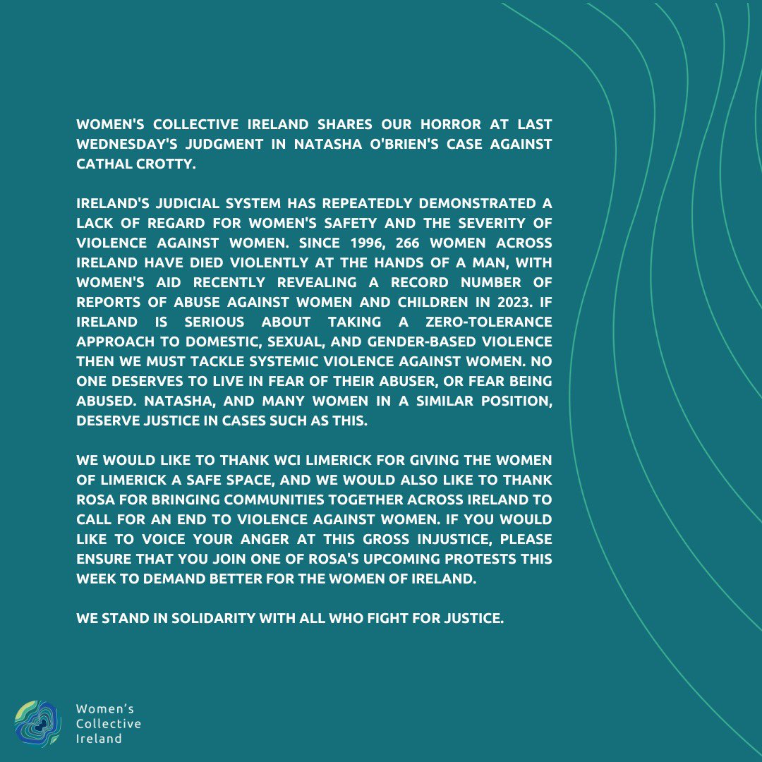 An official statement from Women’s Collective Ireland.

#endviolenceagainstwomen #justiceforwomen @WCI_Limerick
