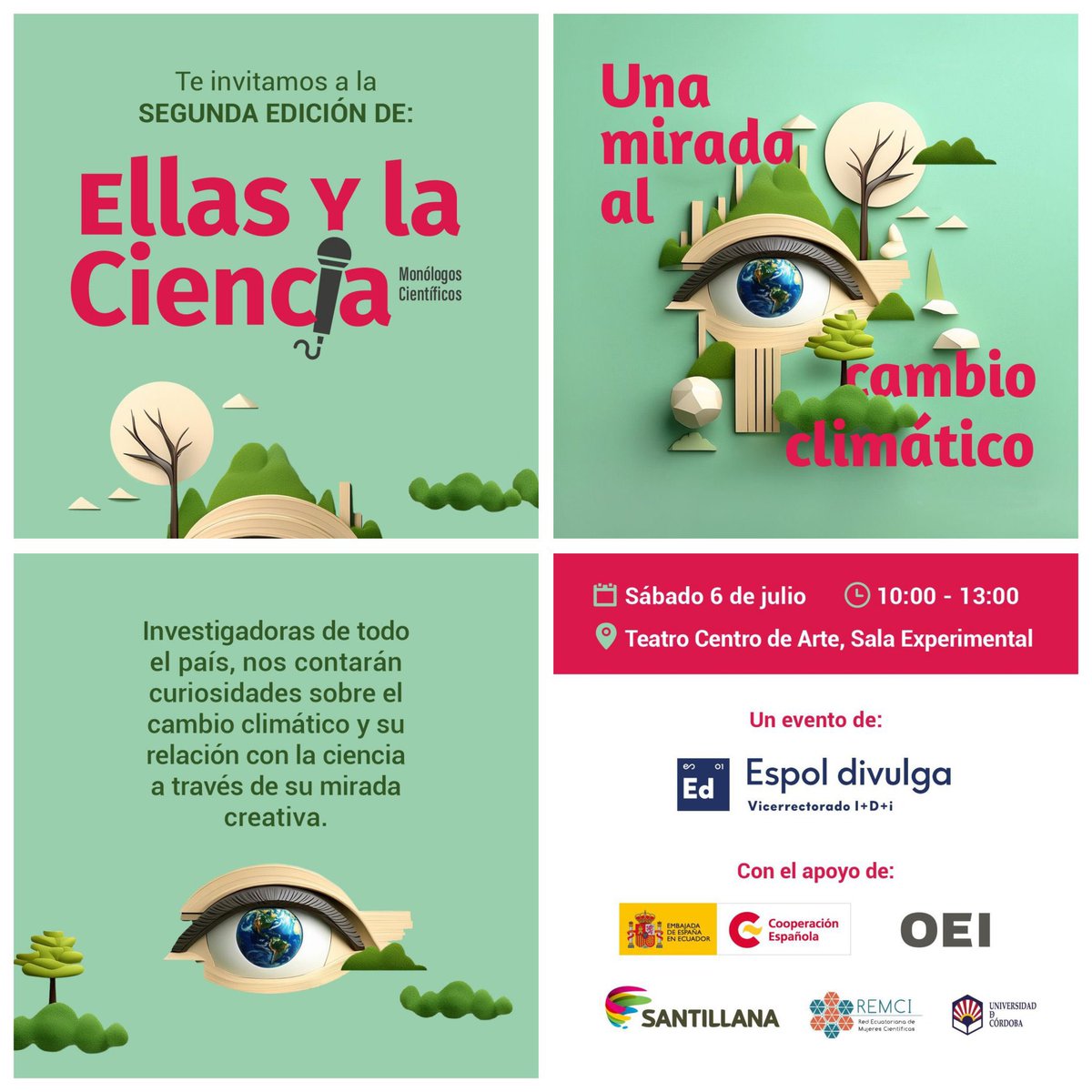 💭🤔¿Es posible mezclar el humor y la #ciencia para abordar temas cruciales como el cambio climático? 

Descubre la respuesta  en la segunda edición de Ellas y la #Ciencia 👩‍🔬

✏️Inscríbete para participar! 
bit.ly/EllasYLaCienci…

🗓️06 de julio 
⏰ 10:00
📍Teatro Centro de Arte