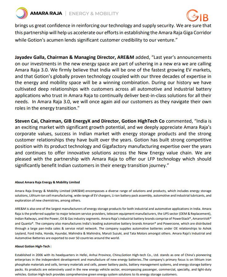 Amara Raja Announces Strategic Technology Collaboration  with Gotion-InoBat-Batteries (GIB) ✅

#amararaja #sabarisec