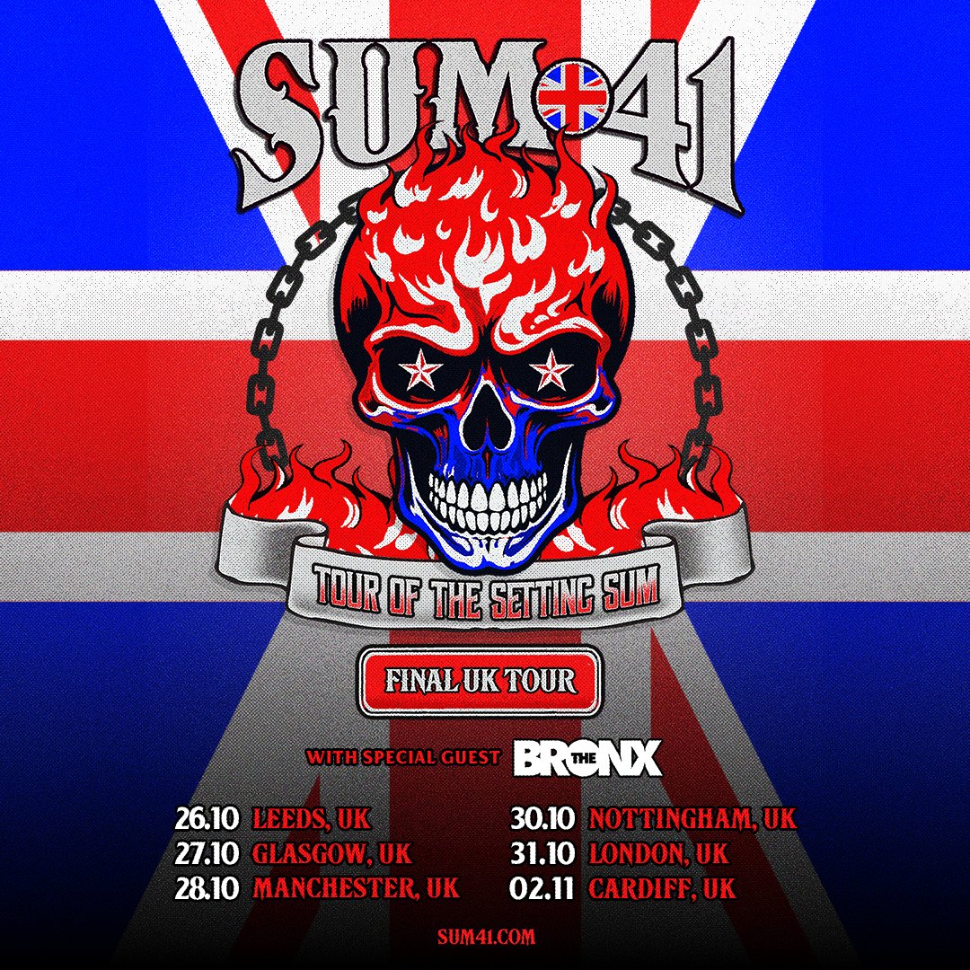 Sum41's tweet photo. Final UK & EU Tour Of The Setting Sum dates just announced for this fall! Our fans overseas have been incredible to us over the years, so we can't wait to put on the best show of our lives and go out on a high. @bronxovision will join us for the beginning of the tour and @NeckDeepUK will join us for the final leg, which ends with a sold out show to 35,000 people in Paris.

Presale begins Tuesday 25th June @ 10am local time.
General on sale is Friday 28th June @ 10am local time.