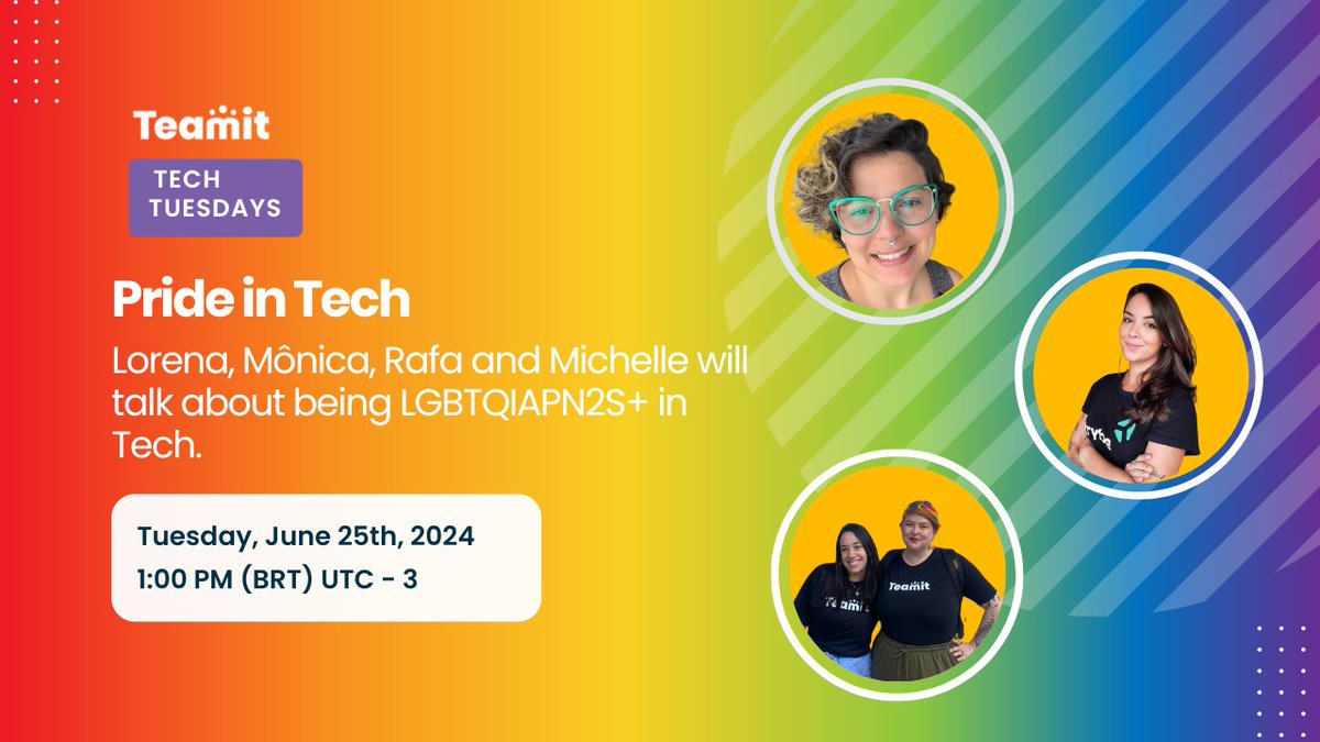 Estamos no mês do orgulho, e amanhã nossas recruiters <a href="/RafaelaGalembe1/">Rafaela Galembeck</a>, <a href="/lorelocks/">Hi Lorena! - recruiter cansada</a>, Mônica, e a dev Michele irão falar sobre ser LGBTQIAPN2S+ na área tech! ‍🌈🌈
Coloca na agenda, o papo será em português, a live acontecerá aqui e no LinkedIn! 
Dia 25/06 às 1pm BRT (UTC -3)