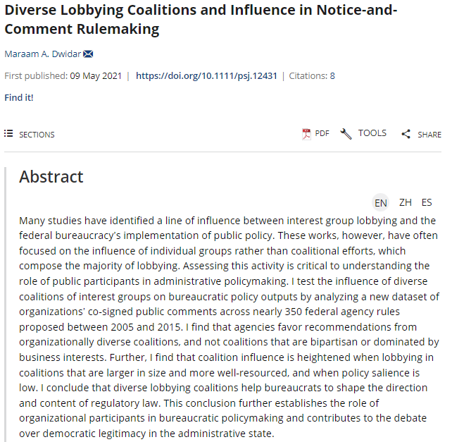 “Coalitional lobbying may be even more effective when addressing entrenched policy issues requiring more technical expertise or when directed at agencies experiencing stopgap budgeting.”
Read FULL article here: onlinelibrary.wiley.com/doi/10.1111/ps… 

#PSJ #PolicyStudiesJournal