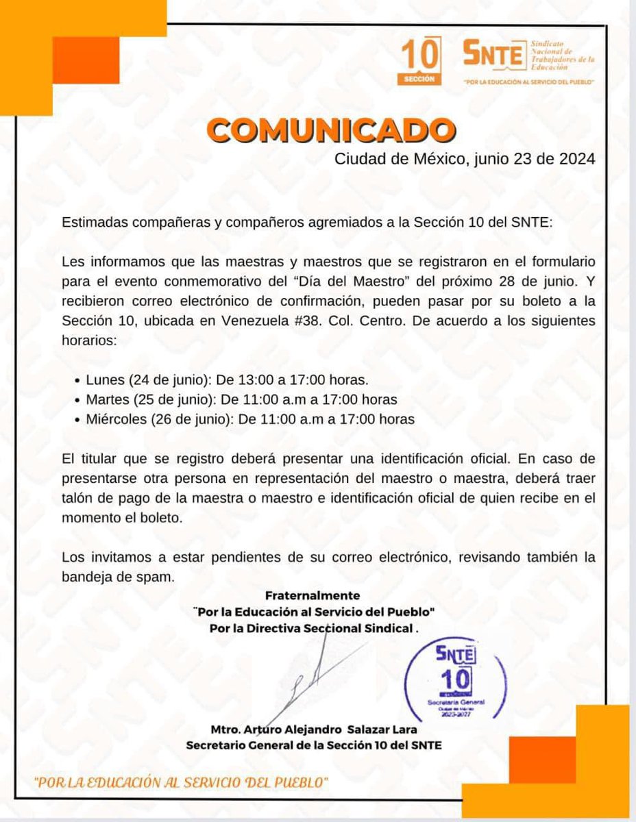SnteSecc10's tweet photo. 🟠 ENTREGA DE BOLETOS PARA EL EVENTO DEL 28 DE JUNIO 🟠
Estimadas y estimados compañeros, compartimos los días y horarios para la entrega de boletos del evento del próximo 28 de junio.
#Fraternalmente
#la10grandeotravez https://t.co/vqOoMCsA9D
