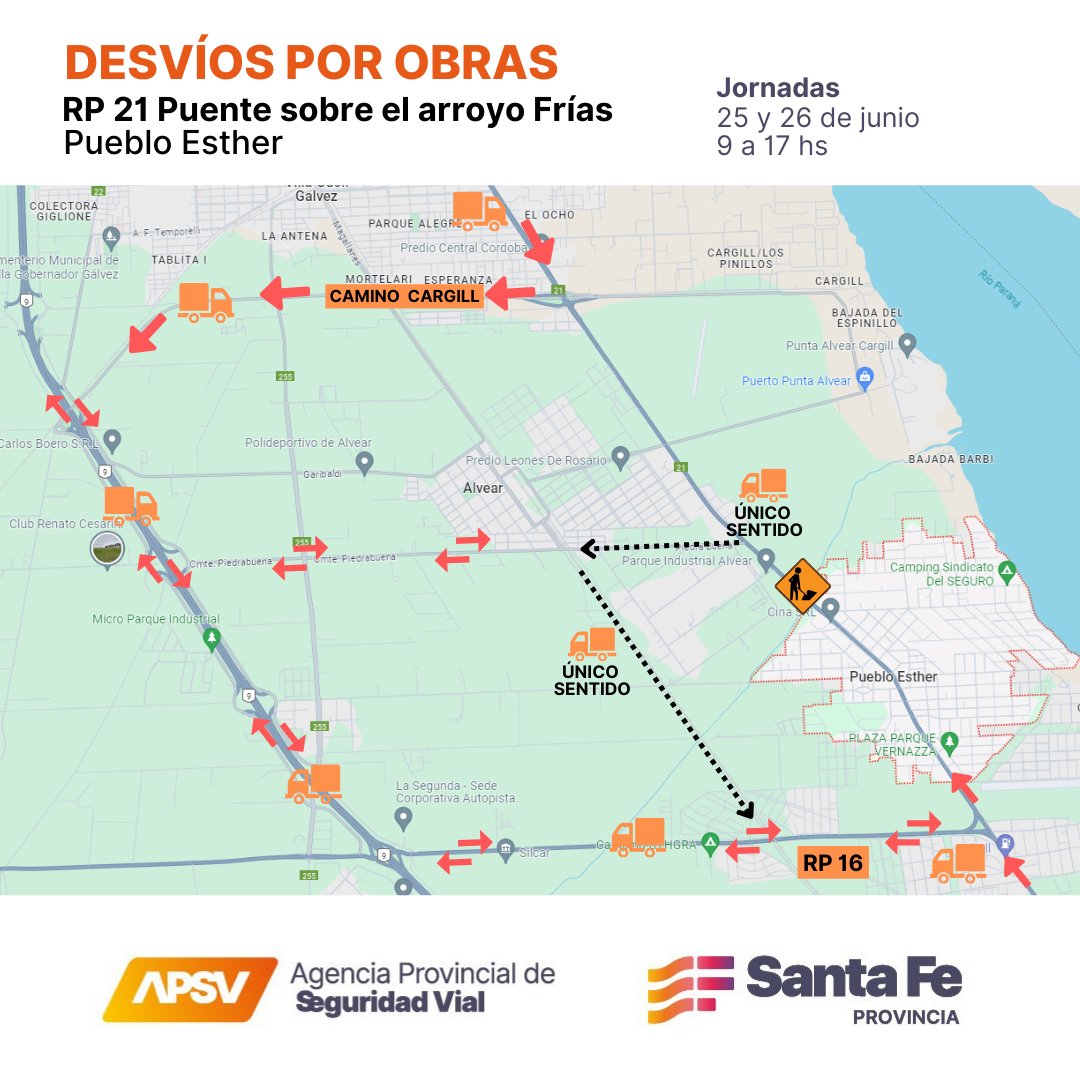 RedSegVial's tweet photo. #RP21 #PuebloEsther
⚠️Durante los días 25 y 26 de junio se realizará un corte total en el puente sobre el arroyo Frías entre las 9 y las 17 hs por tareas de mejoras.

🚑 🚌 Se permitirá exclusivamente el paso de transporte de pasajeros y vehículos de emergencia. https://t.co/h9VMbKNsRx