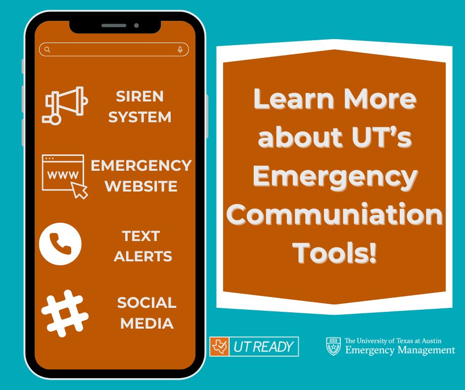 UTAustinOEM's tweet photo. Wondering what to expect during a campus emergency? 🤔 We use several channels to communicate during emergencies including social media, texts, emails and our emergency website. Make sure to keep your phone handy for updates and visit our website https://t.co/0j3BL2defG
 #UTReady https://t.co/XL2pGlzdxm