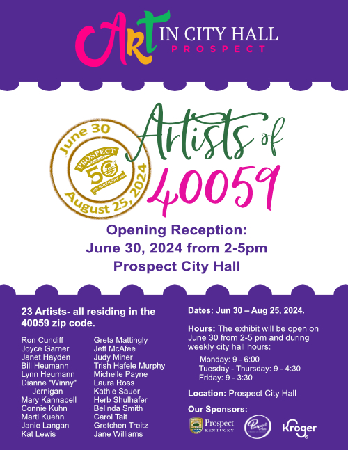 Prospect_KY's tweet photo. This Sunday, June 30th at 2 pm Prospect City Hall is holding the opening of the "Artists of 40059' visual art exhibition.  It's a great opportunity to meet local artists and view their artistic creations.  The exhibit will run during normal City Hall business hours all summer. https://t.co/c0Syd6XWCF