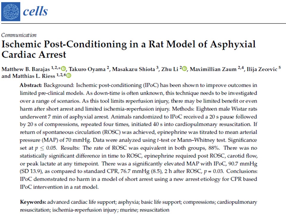 Matthew Barajas & Matthias Riess (@riessbarajaslab) on Twitter photo In time for our laboratory’s 10th anniversary <a href="/VUMC_Anes/">VUMC Anesthesiology</a>, we have just published the first paper on “Ischemic Post-Conditioning in a Rat Model of Asphyxial Cardiac Arrest” in Cells. Check it out at: mdpi.com/2073-4409/13/1… In time for our laboratory’s 10th anniversary <a href="/VUMC_Anes/">VUMC Anesthesiology</a>, we have just published the first paper on “Ischemic Post-Conditioning in a Rat Model of Asphyxial Cardiac Arrest” in Cells. Check it out at: mdpi.com/2073-4409/13/1…