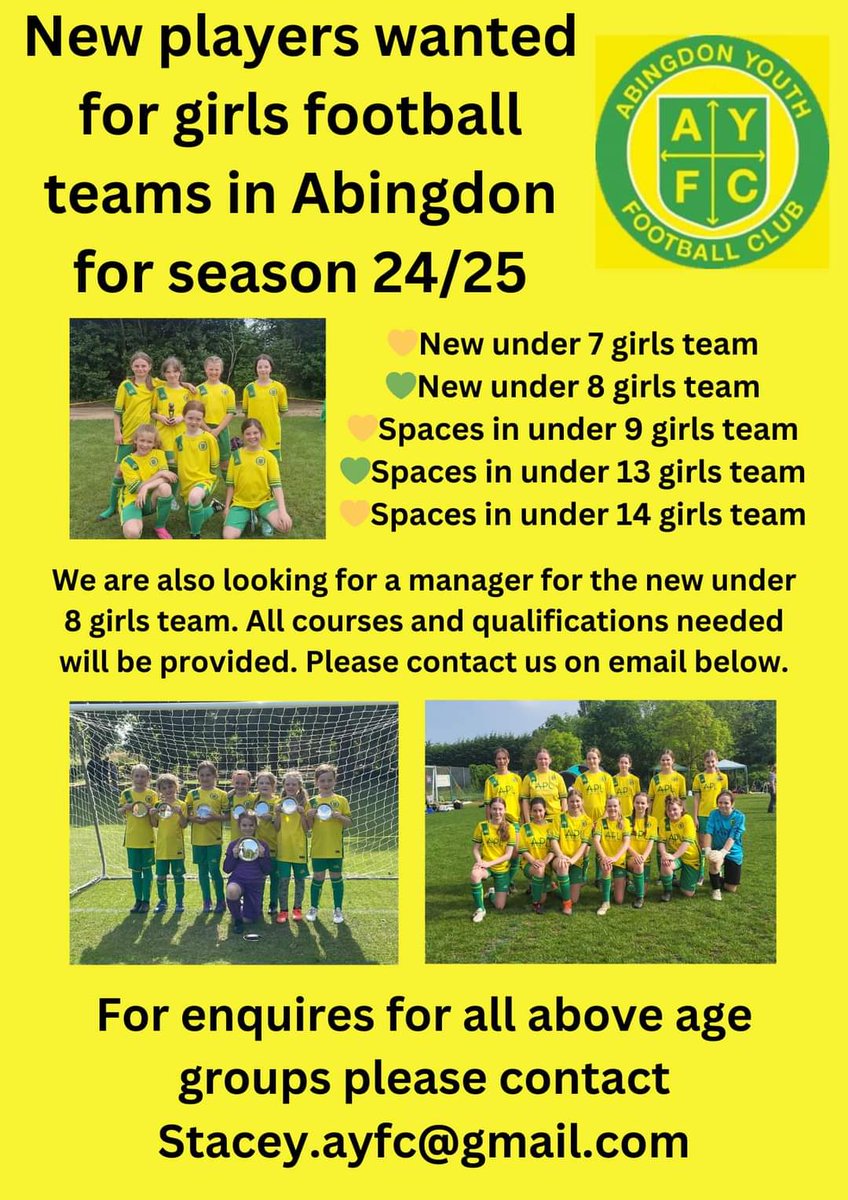 Abingdon Youth FC (@abingdonyouthfc) on Twitter photo Abingdon Youth FC are looking for new players for some of our girls teams โฝ๏ธ
Please email Stacey.ayfc@gmail.com for any enquires. ๐๐ Abingdon Youth FC are looking for new players for some of our girls teams โฝ๏ธ
Please email Stacey.ayfc@gmail.com for any enquires. ๐๐