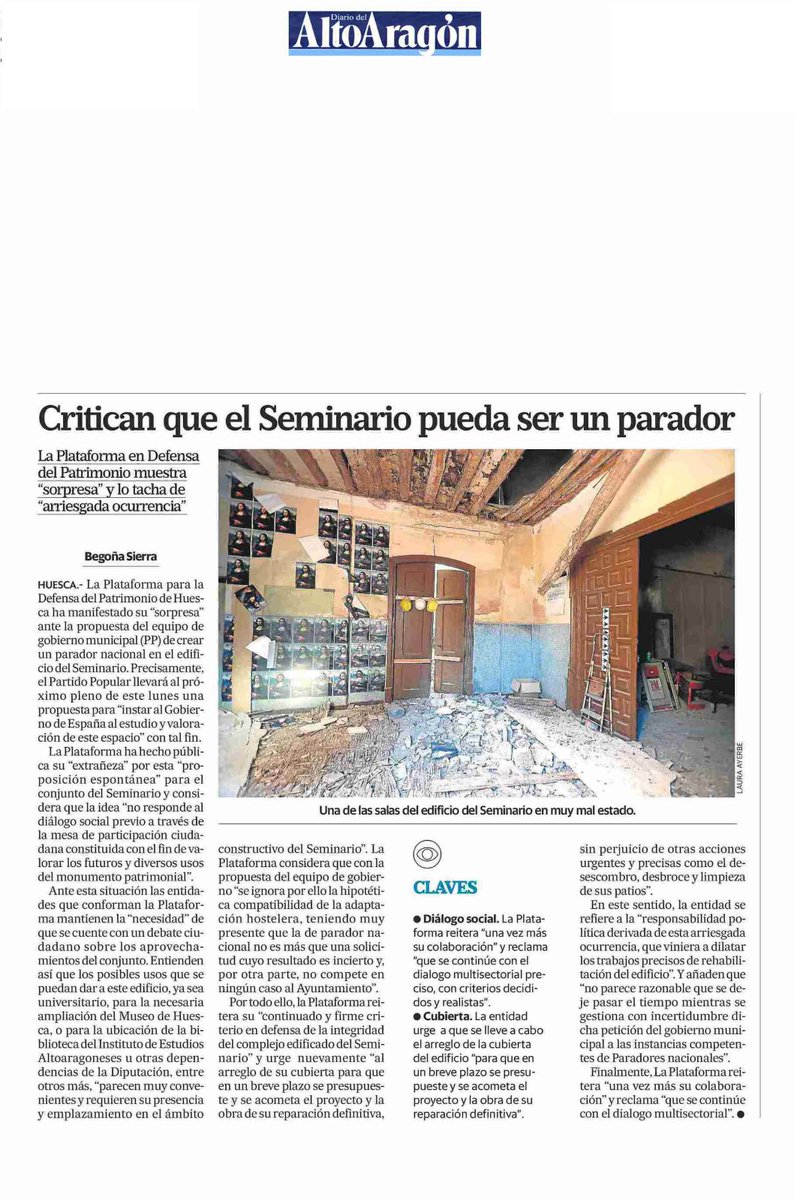 📣En relación a los usos del antiguo Seminario oscense la alcaldesa y su equipo se descuelgan ahora con sus ocurrencias, la propuesta de un Parador de turismo, contraviniendo el acuerdo con la Plataforma para que los usos estuvieran consensuados con la sociedad. Seguimos ahí.