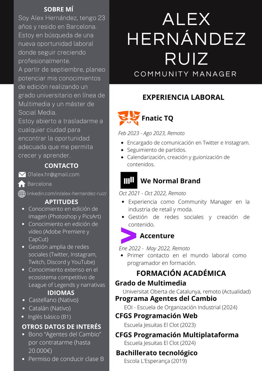 Upset Catalán (@sralex07) on Twitter photo He finalizado mis estudios y estoy disponible para trabajar como CM en un sector relacionado con los esports.
El programa Agentes del Cambio aporta a la empresa 1.000€ mensuales durante 20 meses (financiado por la Unión Europea).
Contacto: MD o mail
Agradezco la difusión❤️ He finalizado mis estudios y estoy disponible para trabajar como CM en un sector relacionado con los esports.
El programa Agentes del Cambio aporta a la empresa 1.000€ mensuales durante 20 meses (financiado por la Unión Europea).
Contacto: MD o mail
Agradezco la difusión❤️