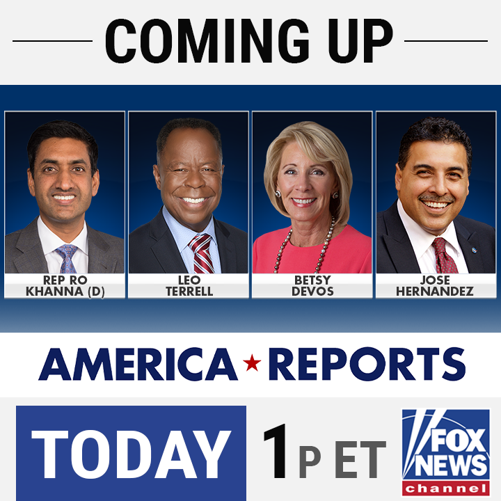 MONDAY:

Biden campaign surrogate &amp; CA Rep <a href="/RoKhanna/">Ro Khanna</a> 
Civil rights attorney <a href="/TheLeoTerrell/">LeoTerrell</a> 
Fmr Secretary of Education <a href="/BetsyDeVos/">Betsy DeVos</a> 
Fmr NASA Astronaut <a href="/Astro_Jose/">Jose Hernandez</a> 
Plus more

Join <a href="/SandraSmithFox/">Sandra Smith</a> and <a href="/BretBaier/">Bret Baier</a> LIVE at 1pm ET