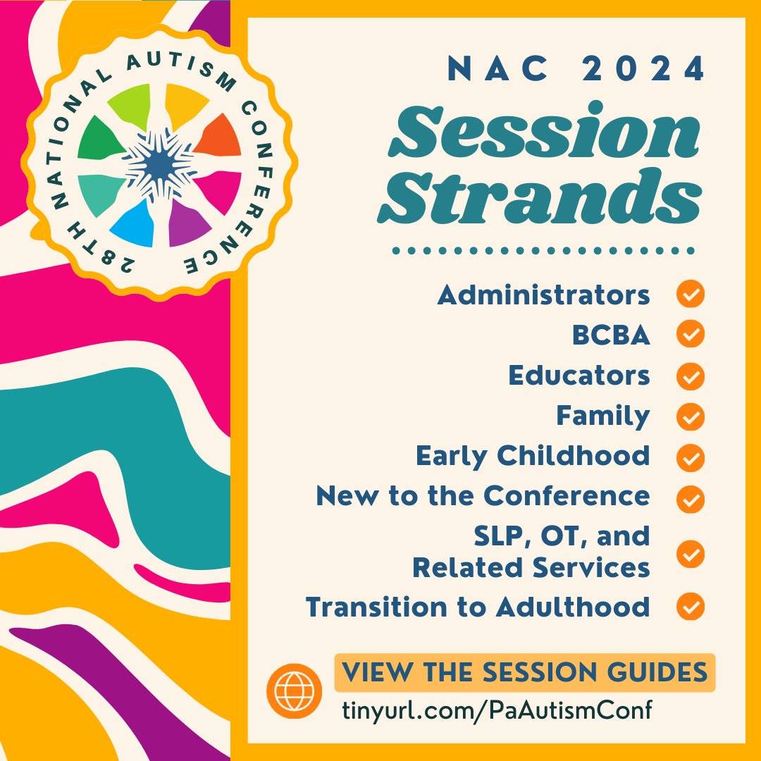 #NAC28 is jam-packed with sessions for everyone! Come learn from local leaders, national presenters, and international professionals in the field making a difference for students with autism. View the full list of session guides on the #NAC2024 webpage: tinyurl.com/PaAutismConf