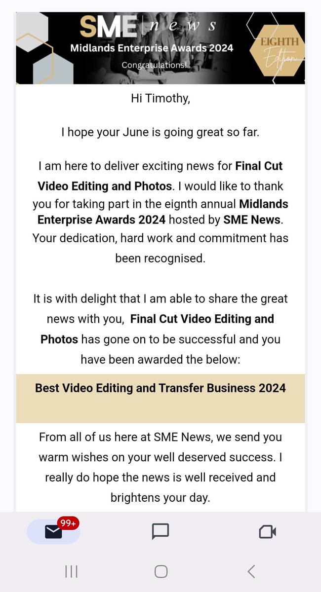 So happy to announce that for the third year running we have won a Midlands Enterprise Award through the SME news (online publication for small and medium size businesses, circa 100,000). We have been named as Best Video Editing and Transfer Business 2024 #lichfieldlocal