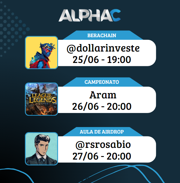 nftalphac's tweet photo. Semana com muito conteúdo pra quem é membro!!

Na terça vamos ter uma aula sobre a Berachain com o @dollarinveste 

Quarta é o dia de quem gosta de clicar no chão para andar, com o campeonato de Aram e premiação para os vencedores

E na quinta vamos ter aula sobre diversos airdrops com @rsrosabio