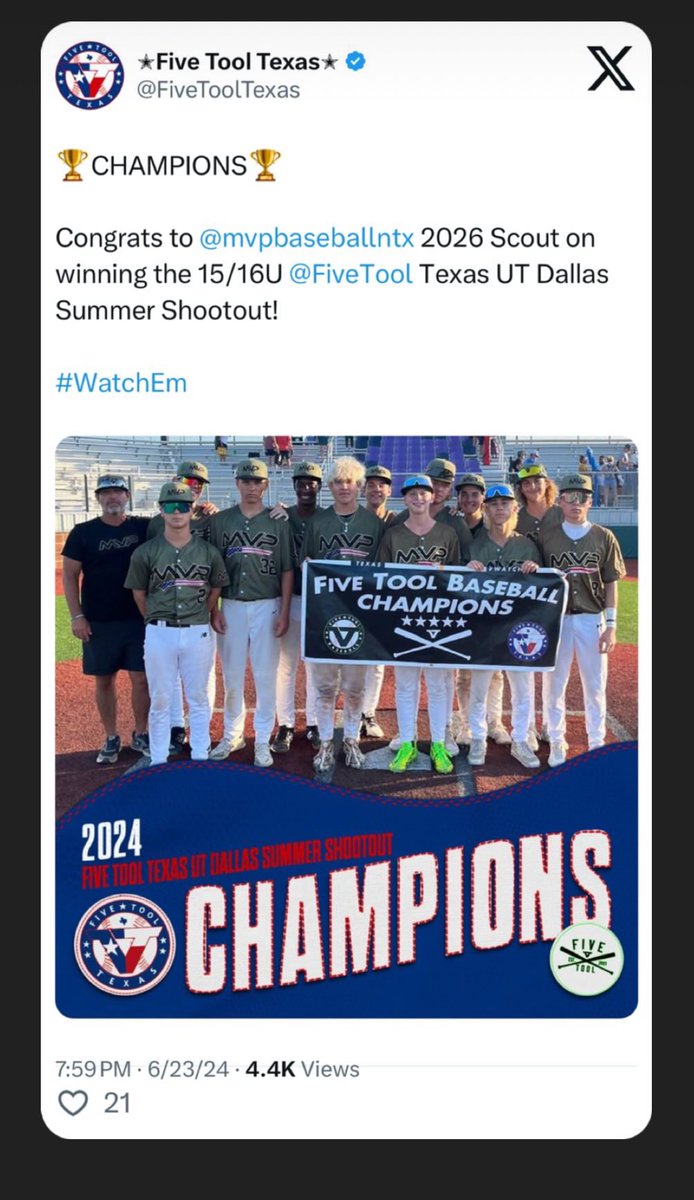 Congratulations to MVP 16U Scout Champions this weekend! 
Great job boys! They worked hard and played through the heat! Awesome win! 🏆 💪