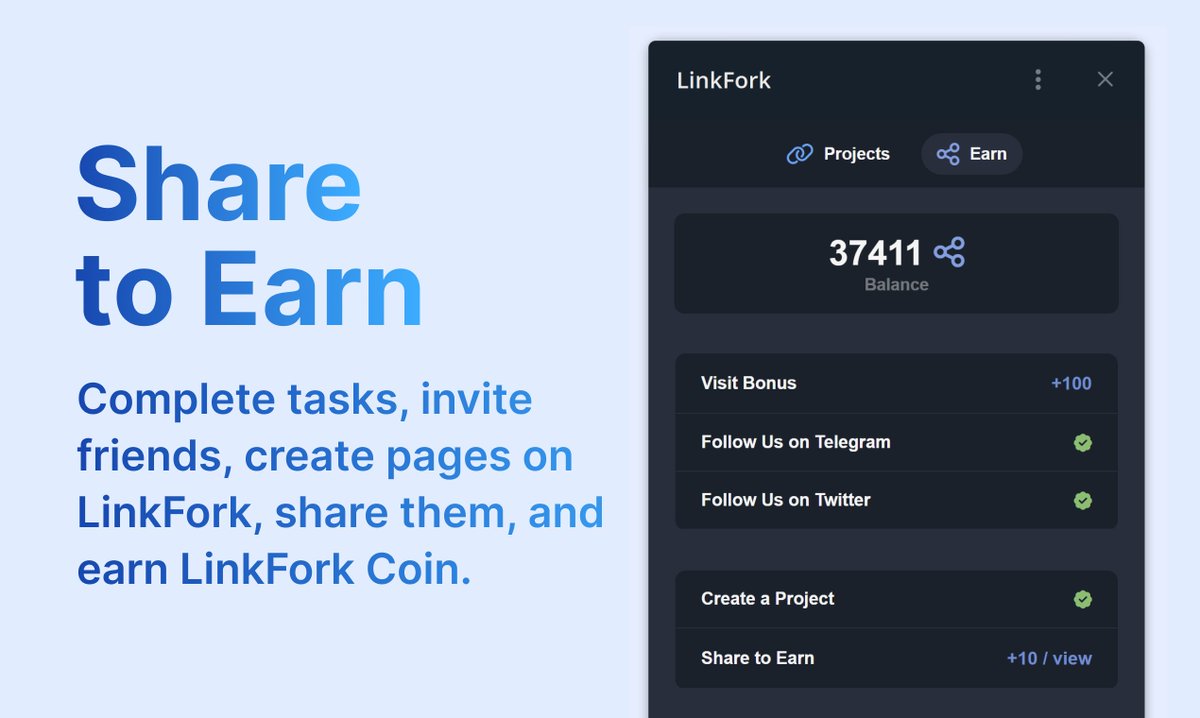 🚀 LinkFork is the world's first Share to Earn app!

We are excited to introduce a revolutionary update to our application — the Share to Earn model and LinkFork Coin cryptocurrency!

Try it: t.me/linkforkbot