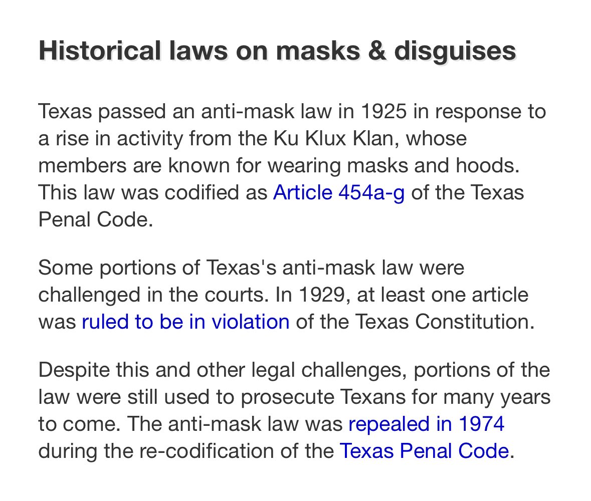 BlockerBillTX's tweet photo. Texas had an anti-mask law to address Klan violence. Was found to be in violation of the state constitution. But of course weeks will be spent fighting this crap in session only for the courts to say nope u can’t do that. https://t.co/FzVzKKInpw