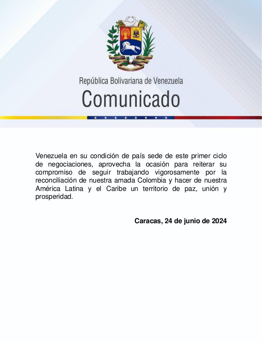 #Comunicado | Venezuela saluda inicio del proceso de diálogos de paz entre el Gobierno de Colombia y la Segunda Marquetalia (+Detalles) 👇

mppre.gob.ve/publicacion/24…

 #PatriaAntiimperialista