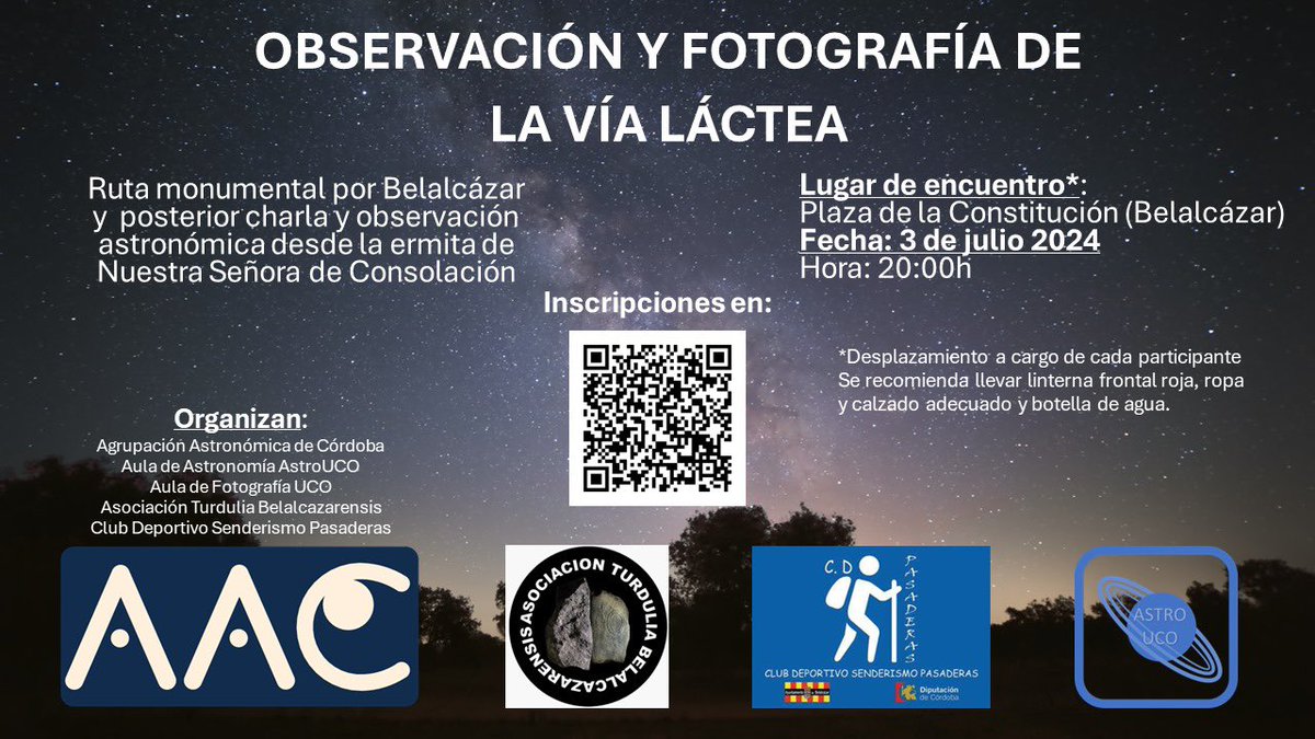 Os esperamos el próximo 3 de julio a las 20h para disfrutar del cielo nocturno desde una reserva Starlight! No olvides inscribirte en el código QR o el siguiente enlace: uco.es/catedrasyaulas…

#astronomia #senderismonocturno #fotografia #vialactea
