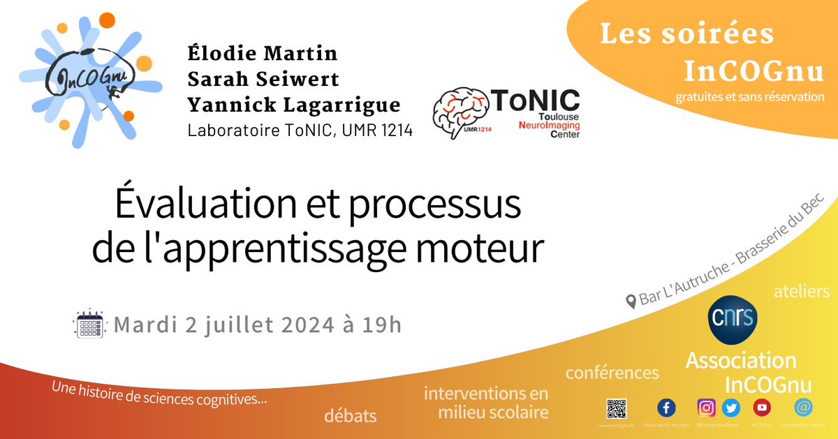 Notre prochaine soirée-débat qui sera la dernière de l'année scolaire ! Venez nombreux ! 
Elodie Martin, Sarah Seiwert et Yannicl Lagarrigue doctorantes et docteur en neurosciences aborderont les processus de l'apprentissange moteur ainsi que leur évaluation.