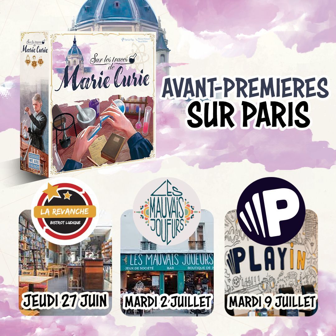 Envie de jouer à Sur les Traces de Marie Curie ?

Nous présenterons en avant-première le prochain jeu de Florian Fay qui sortira en septembre au cours de 3 soirées jeux de société que nous partagerons avec les amis de <a href="/funnyfoxgames/">Funnyfox</a> !

#jeuxdesociete #surlestracesde #mariecurie