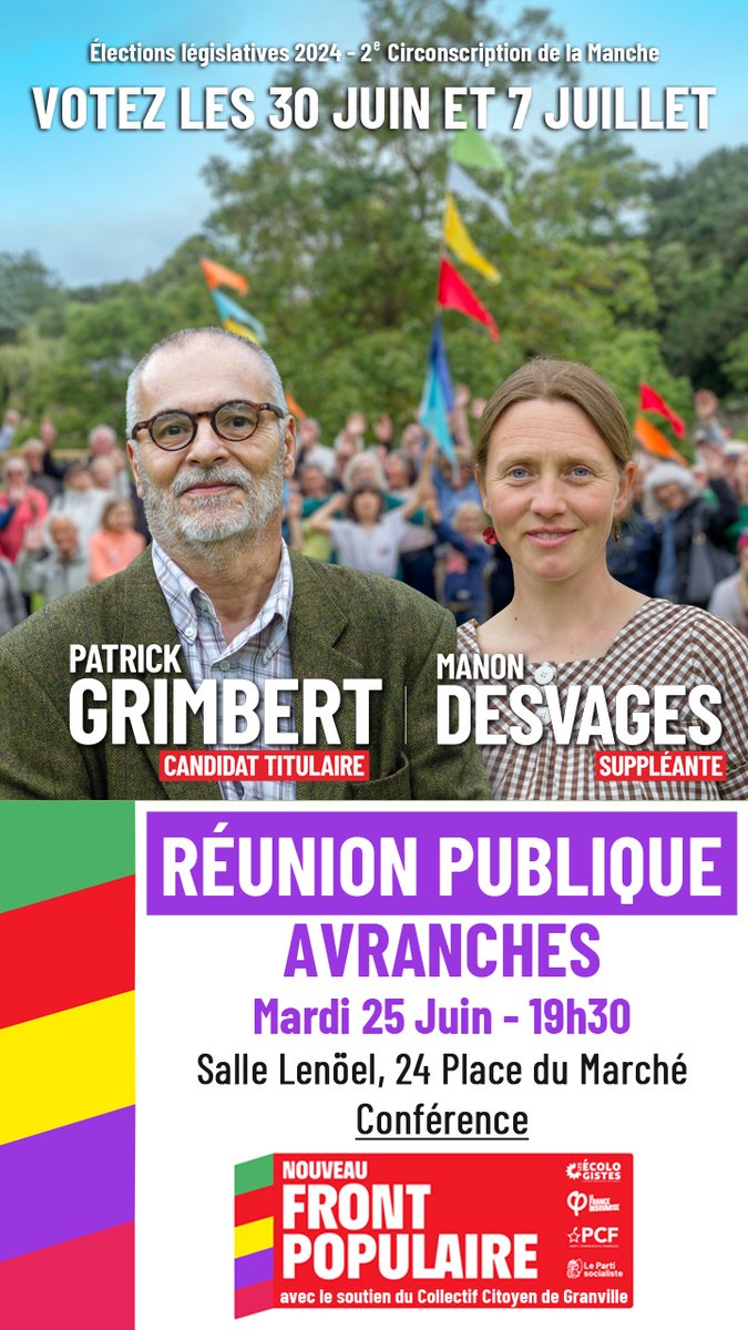 FrontPop5002's tweet image. À #Avranches, réunion publique ce Mardi 25 Juin !

Assistez à la conférence à partir de 19h30. 🤗#NouveauFrontPopulaire #Manche